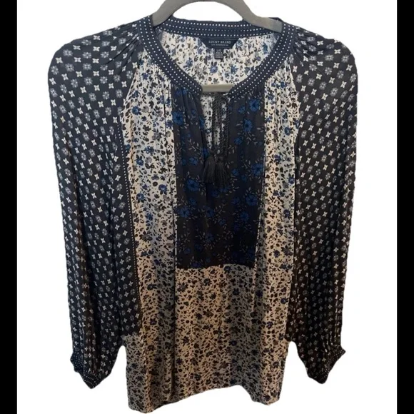 Lucky Brand Women's Floral Print 3/4 Sleeve Boho Blouse Tie Neck Blues Large - Picture 1 of 9